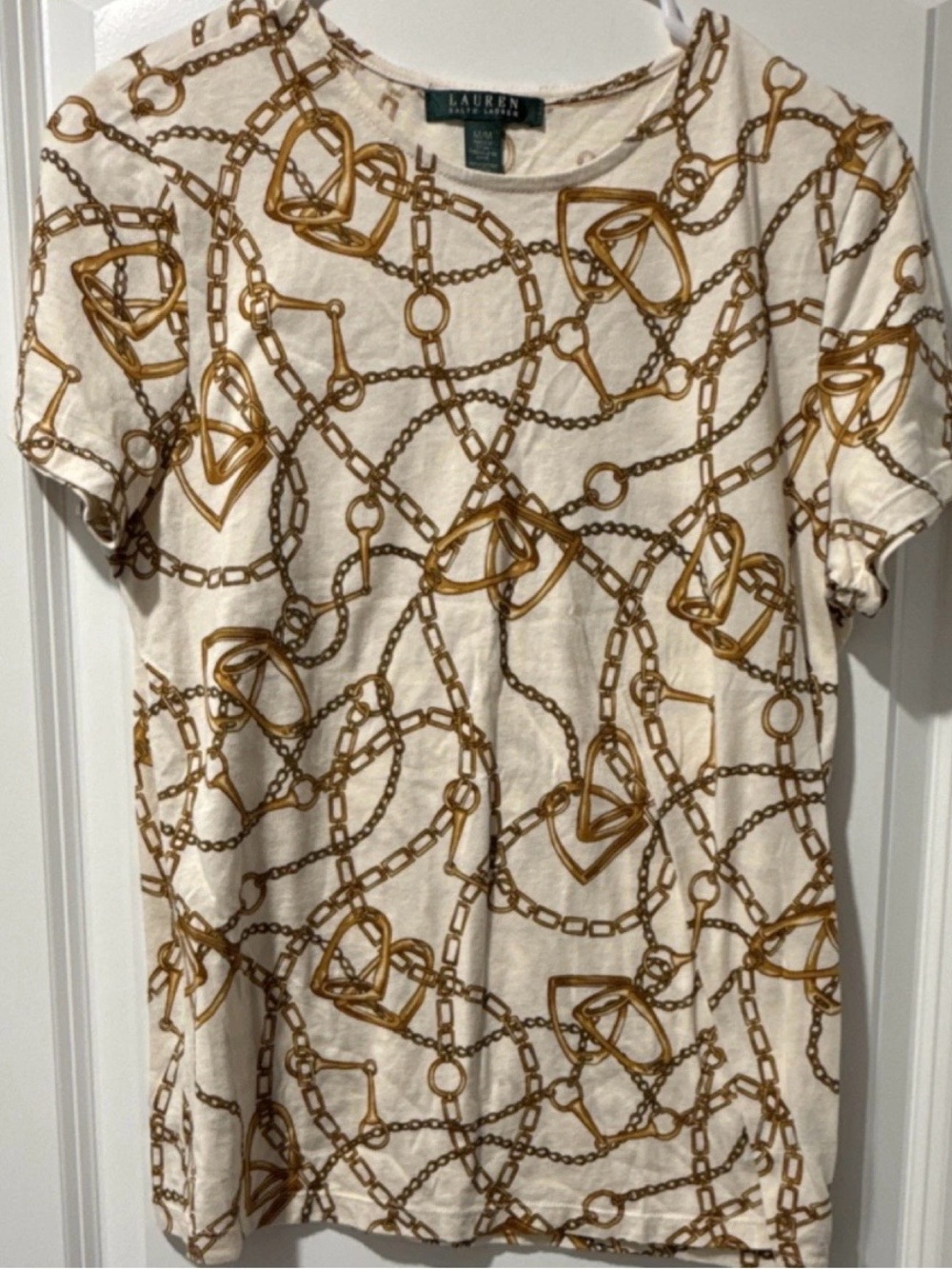 Ralph Lauren M Cream Short Sleeve Tee with Gold Chain Print